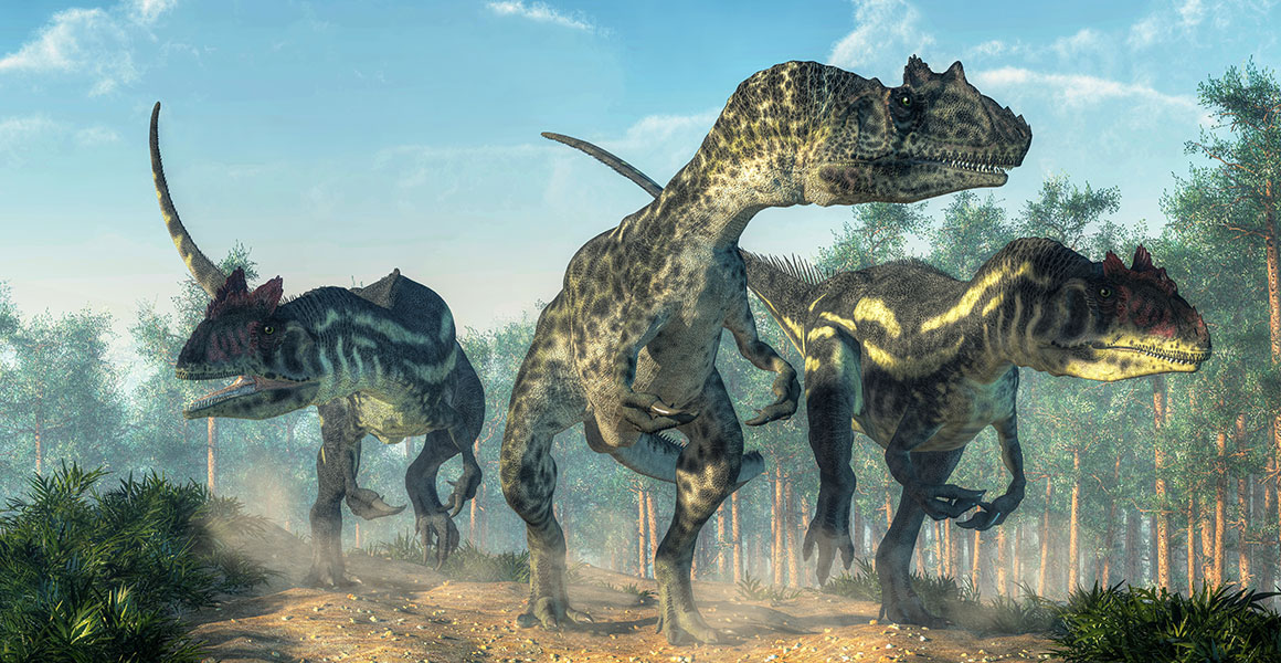 Palaeoart of three Allosaurus kicking up dust as they travel through a clearing in a prehistoric forest.