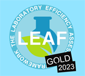 Logo saying LEAF The Laboratory Efficiency Assessment Framework and illustration of a green leaf and a laboratory bottle
