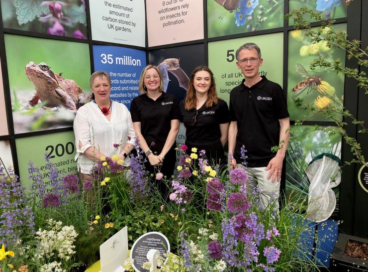 Four people standing in front of a display