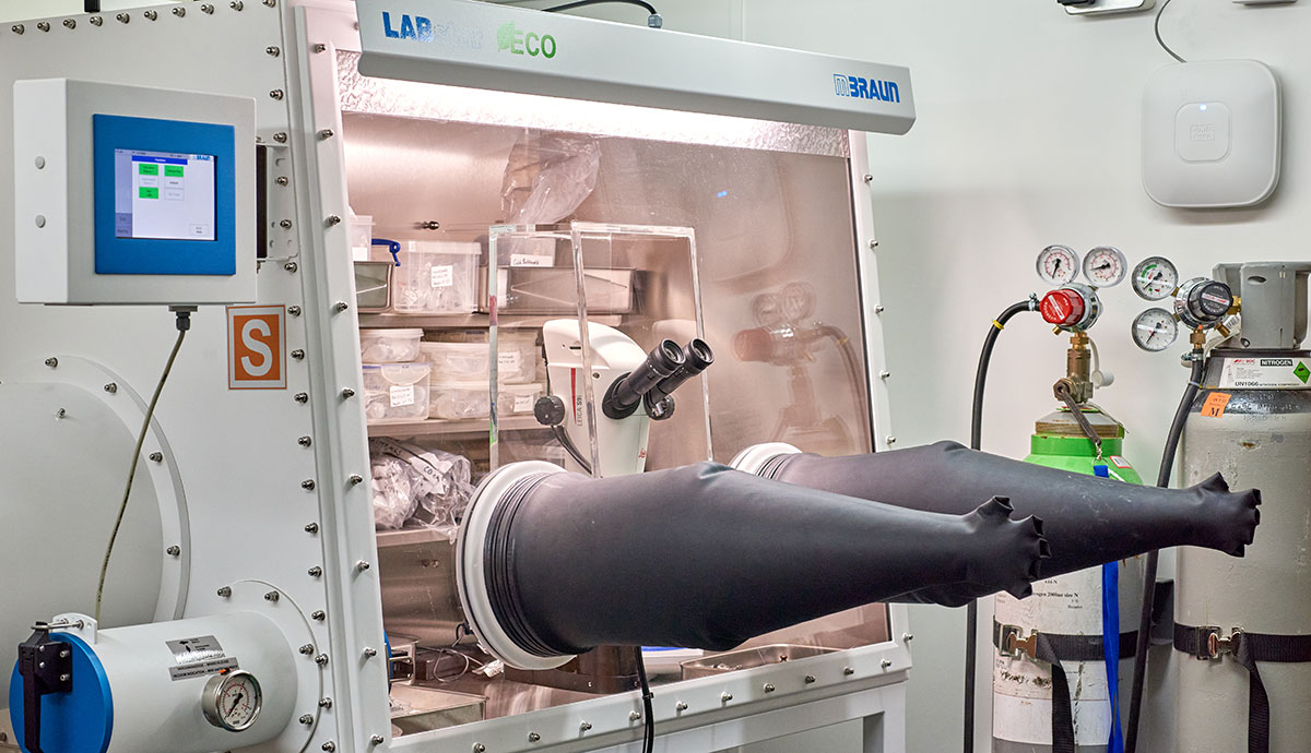 A ntrogen glovebox filled with boxes containing meteorite specimens