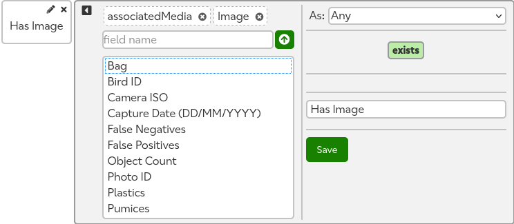 The term editor for the Has Image preset. Two fields are selected: media and associatedMedia. The field type is 'any' and the comparison type is 'exists'.