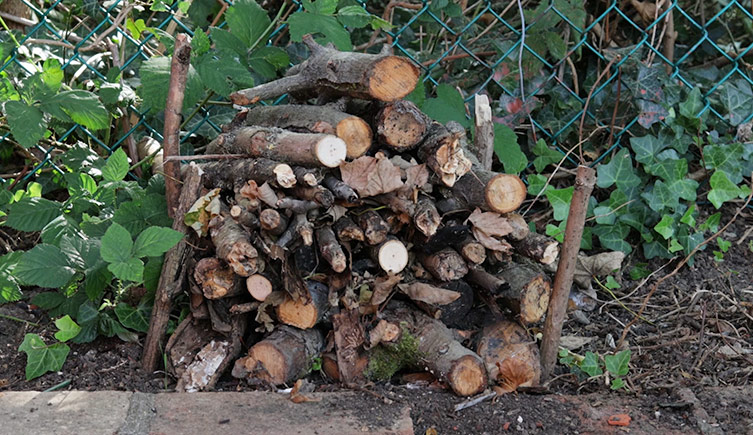 A small log pile, held between stick