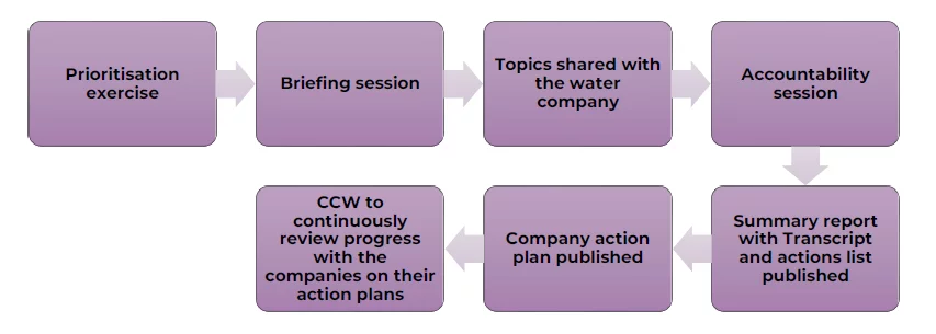Flowchart showing the accountability session process for consumer panels, including steps like prioritisation exercise, briefing session, topics shared with the water company, accountability session, transcript published, summary report published, company action plan published, and ongoing review by CCW.