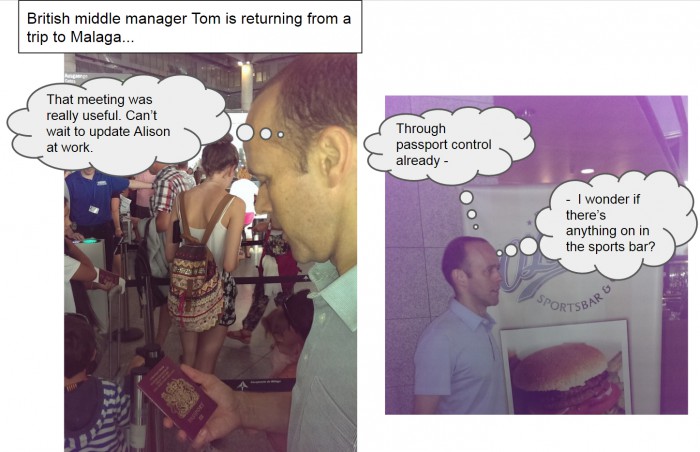 British middle manager Tom goes to the sports bar at Malaga airport