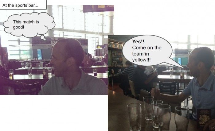 At the sports bar, Tom gets involved in the match