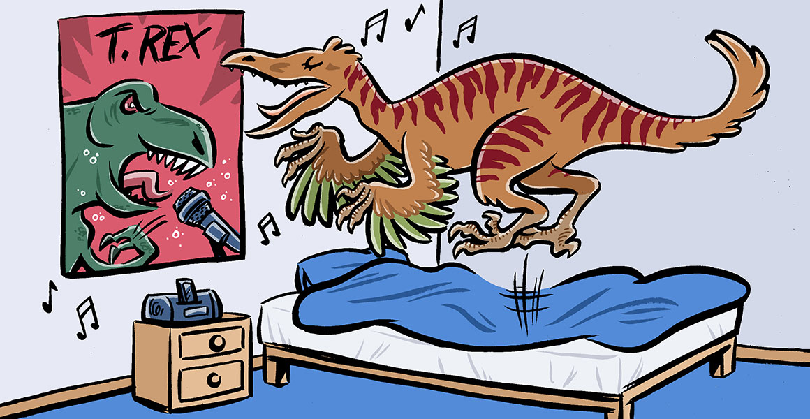 Cartoon of Troodon jumping on its bed and singing to a T. rex poster