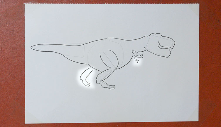 T. rex drawing with the second leg and arm highlighted