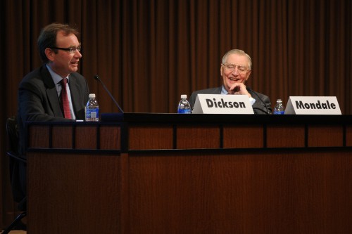 Consul General Robert Chatterton Dickson discusses UK trade and foreign policy with former Vice President Walter Mondale in Minneapolis.