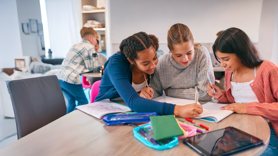 Group of young teenagers working together on a project