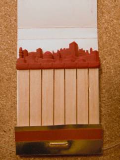 A box of safety matches at an exhibition in Jerusalem with heads shaped like the domes, spires and minarets of Jerusalem.
