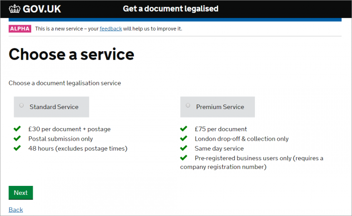 Service choice page