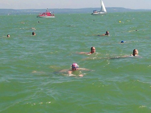 Ezt a képet a vízimentők készítették hajójukról a Balaton közepén. A kép alján piros, fehér, kék úszósapkában látható résztvevő én vagyok.