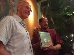 Dr Donald Farquhar presenting a plaque to Dr Nihal Gunathilake, President Ceylon College of Physicians to commemorate the inaugural MRCP PACES in Sri Lanka