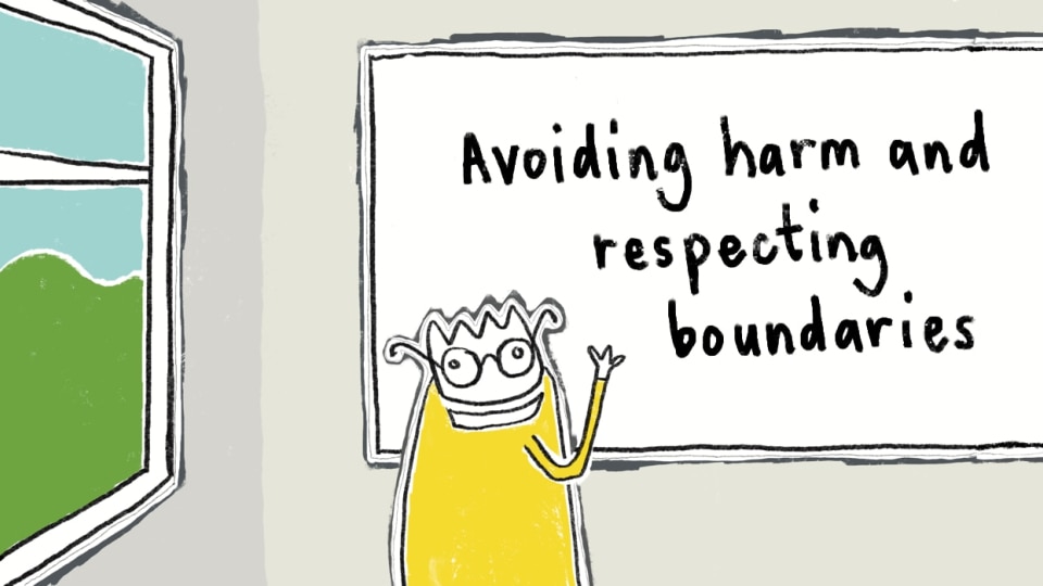 Animated teacher writing 'Avoiding harm and respecting boundaries' on whiteboard