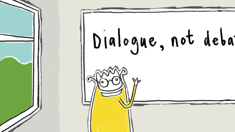 Animation of a teacher writing 'Dialogue, not debate' on a board