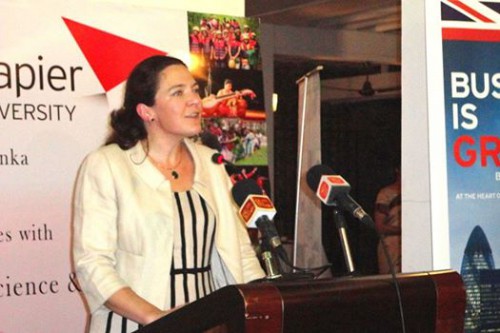 Laura Davies speaking at the launch of Edinburgh Napier University Degree programmes in Sri Lanka