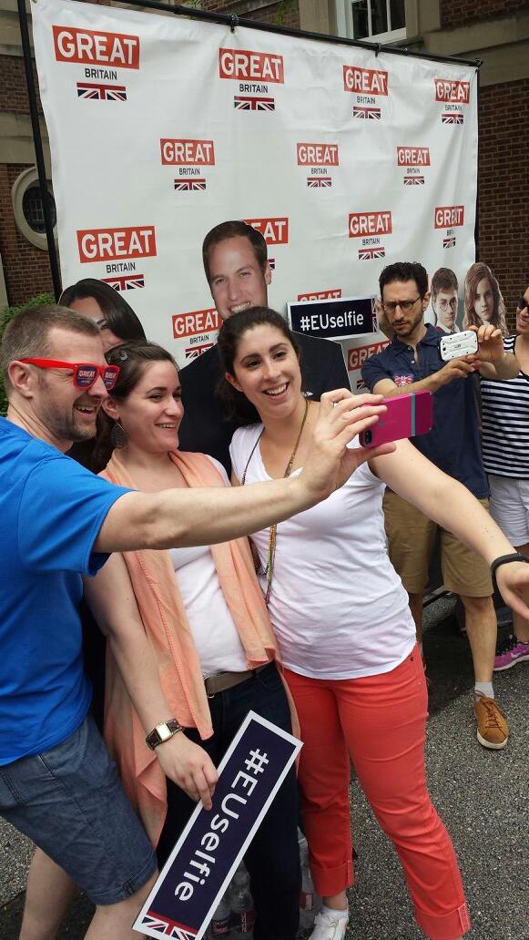 Deputy Ambassador Patrick Davies takes part in the #EUSelfie competition with some Embassy visitors