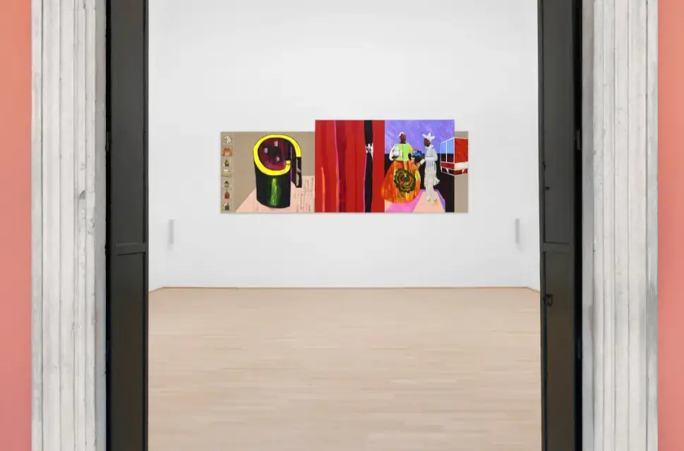 Contemporary paintings by Lubaina Himid, with bold reds, purples and greens arranged on a white gallery wall. Predicting History: Testing Translation - Room 1: Architects. Photo by Eva Herzog