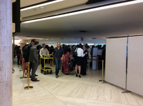 Delegates waiting outside the Council for the microphones to get fixed