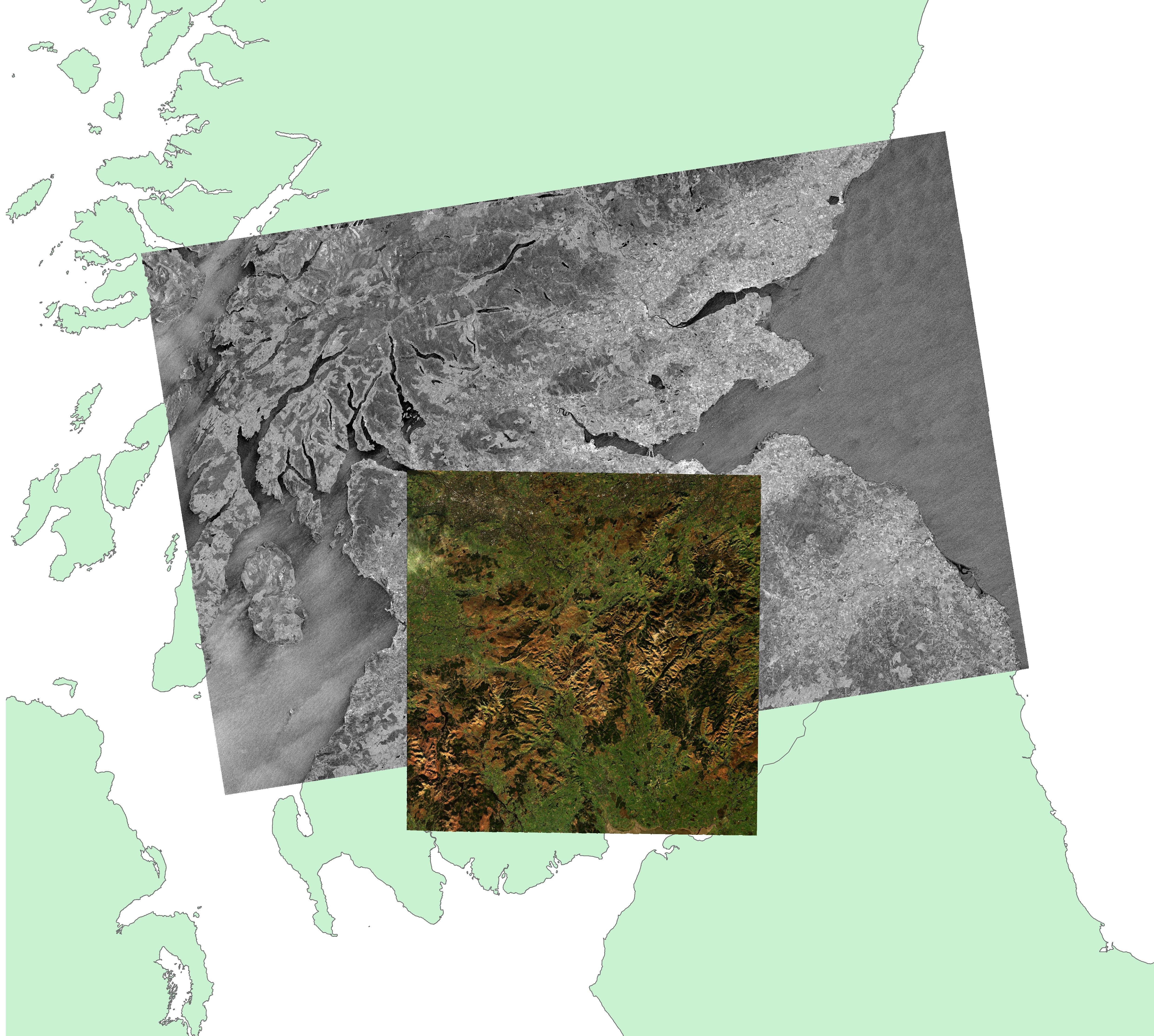 Sentinel-1 and Sentinel-2 data over a base map of Scotland