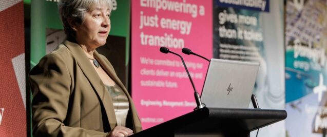 British High Commissioner to Australia Vicki Treadell addresses attendees at the Australian British Chamber of Commerce's Energy Transition and Investment Summit in Sydney.