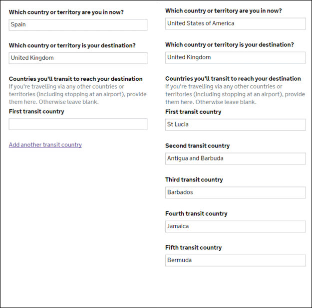 On the left, a simple journey entered into our journey details page. On the right, the same page with a much more complex journey entered, possibly by a passenger on a cruise.