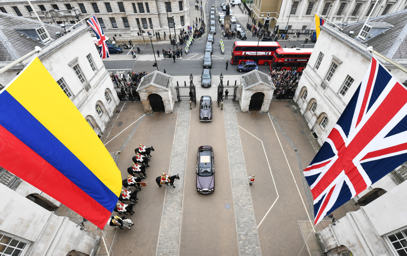 Pictured is a view on to the Tilt Yard of Horseguards as the vehicle procession carrying Her Majesty The Queen and His Royal Highness The Duke of Edinburgh and The President of the Republic of Colombia and Mrs Maria Clemencia Rodriguez de Santos at the start of the first Colombian State Visit. No detail was overlooked as Her Majesty The Queen and His Royal Highness The Duke of Edinburgh formally welcomed The President of the Republic of Colombia and Mrs Maria Clemencia Rodriguez de Santos to Britain today on Horse Guards Parade at the start of Colombia's first ever State Visit to the UK. State Visits are the highest form of diplomatic contact between Sovereign states and are the high point of the ceremonial season. The three-day visit will combine a programme of business, diplomacy and culture.