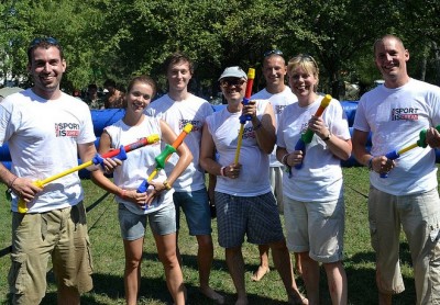 Members of the British Embassy Budapest in a transparency water fight at Sziget Festival