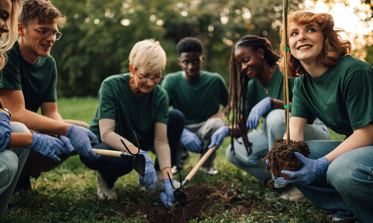 A group of happy-looking volunteers planting a tree