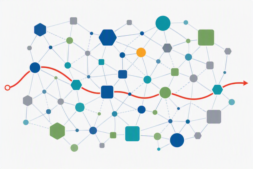 A user's journey moves as one smooth path through a complex, tangled web of interconnected organisations and systems
