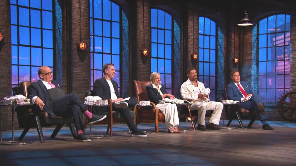 The Dragons in the Den - Touker, guest Gary Neville, Deborah, Steven and Peter take their seats.