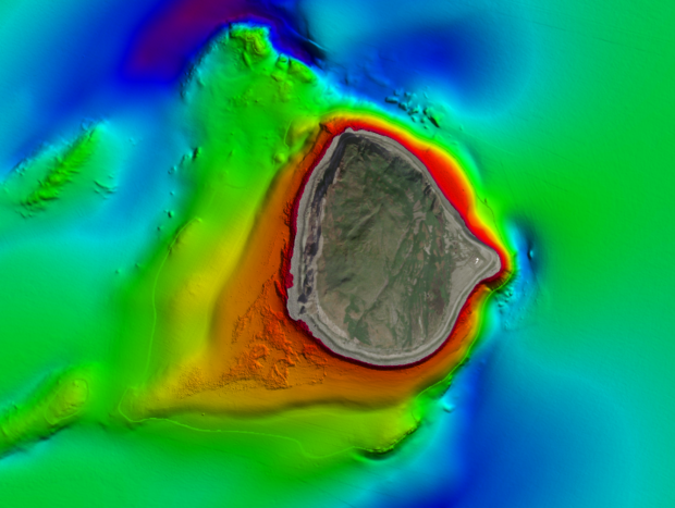 A seabed survey around Ailsa Craig an uninhabited island in Scotland’s outer Firth of Clyde, showing colour-coded gradiants of depth
