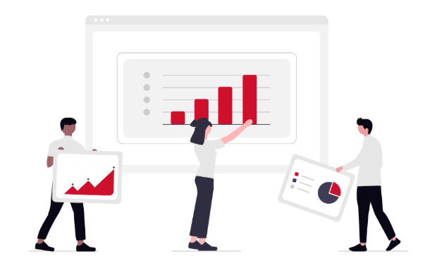 Cartoon figures carrying charts and graphs. One of them is positioning a bar chart on a big screen