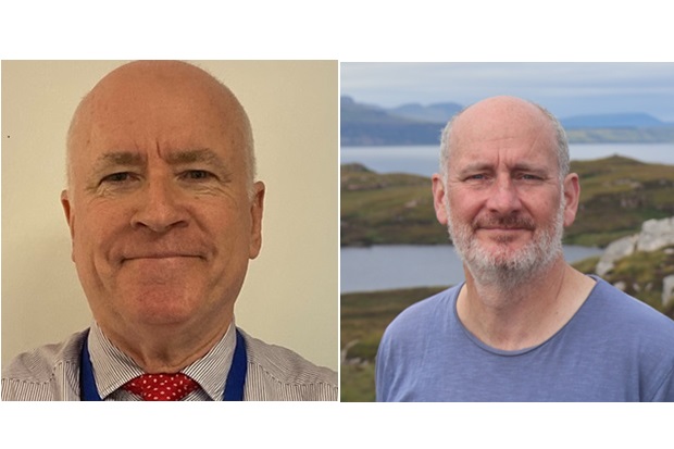 Head and shoulders pictures of two mean, on the left a man wearing a striped shirt and red and white dotted tie, on the right a man with a beard wearing a blue t shirt.
