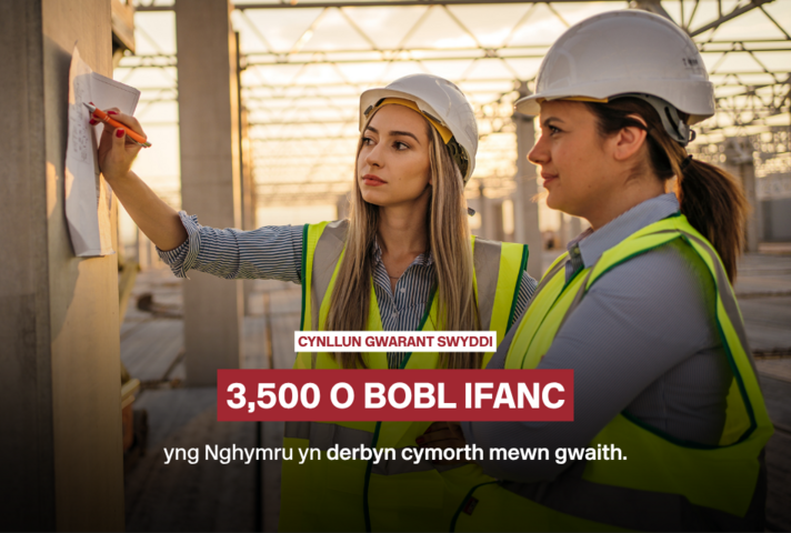 In Welsh: Jobs Guarantee Scheme. 3,500 young people in Wales will be helped into work.