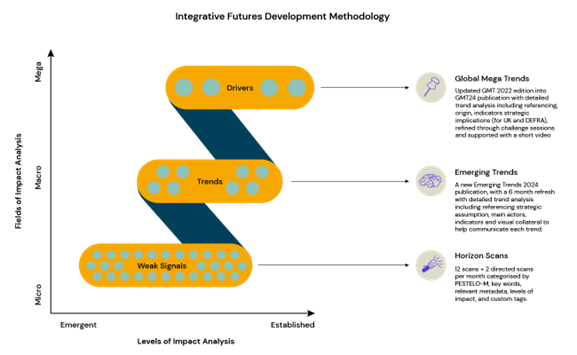 Graph outlining how the weak signals of change relate to trends and larger drivers by how established they are and at what scale. There is also a further detail on how the work was carried out to the right of the diagram.