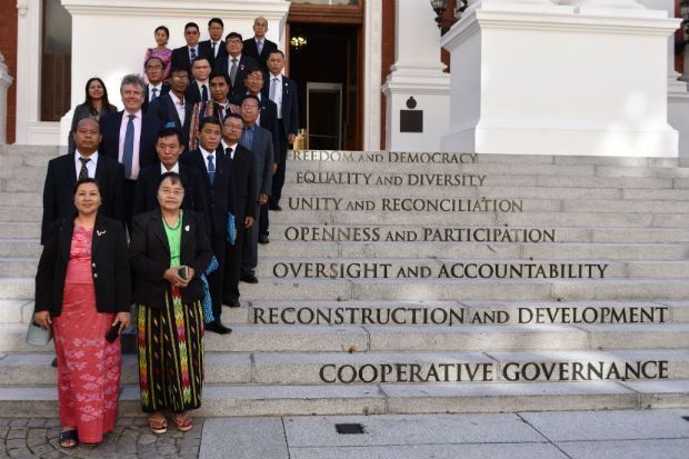 A delegation from the Parliament of Myanmar on the steps of the National Assembly of South Africa in April 2019