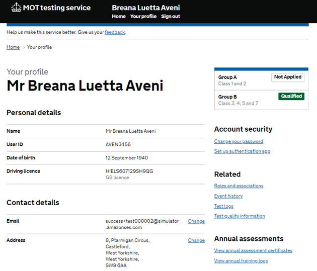 GOV UK page where testers access their MTS profile.