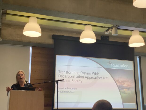 Caroline Longman, from Equilibrion, presents to the audience from a podium on the stage. Her presentation is being projected onto a screen behind her.