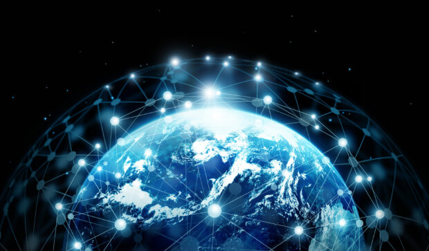 Network connection and global data exchanges on Earth.