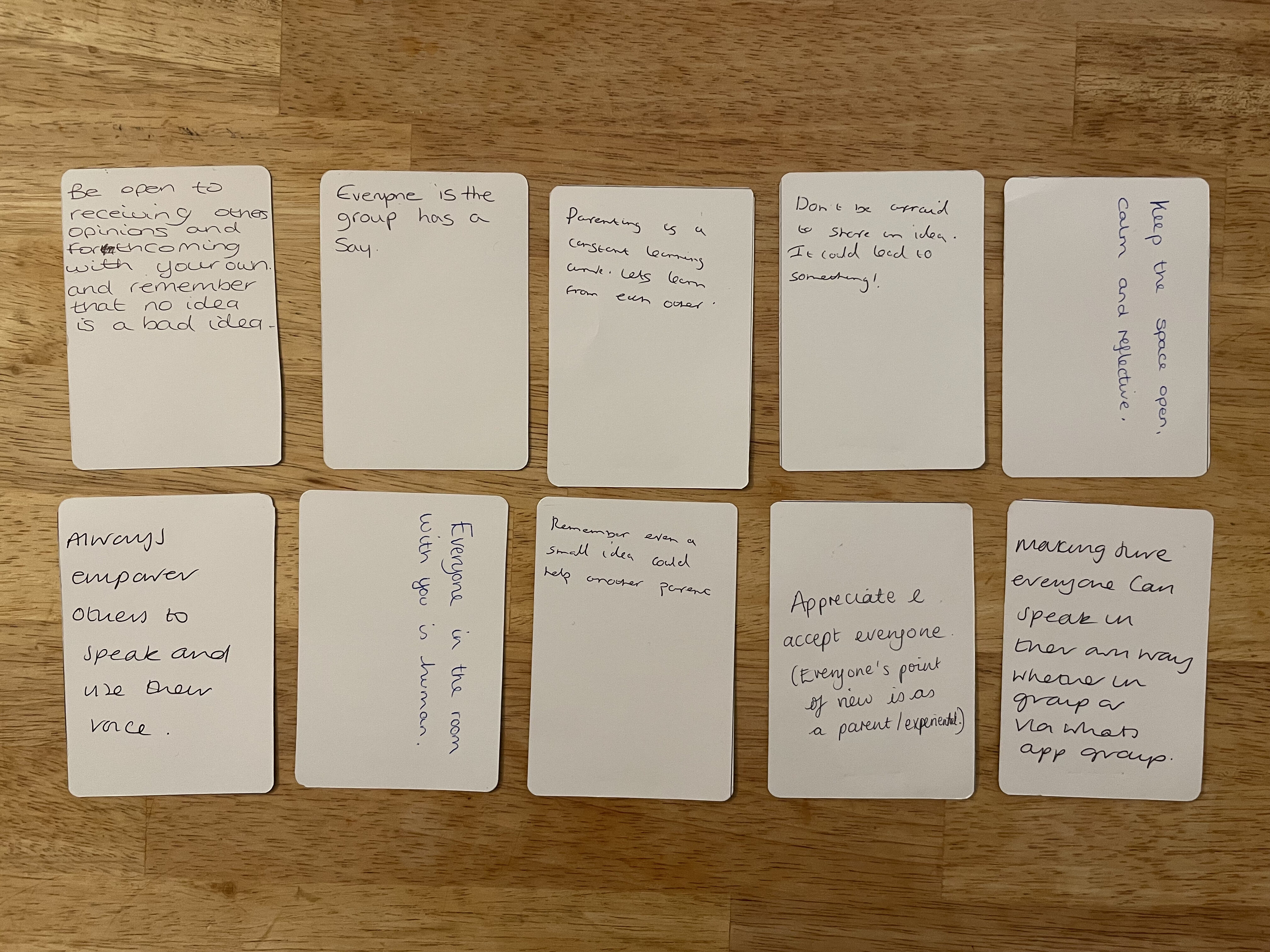 Wisdom cards created by participants testing the toolkit in Barnsley.