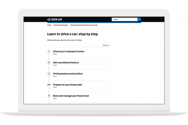Image of a laptop showing the 'Learn to drive a car: step by step' page on GOV.UK