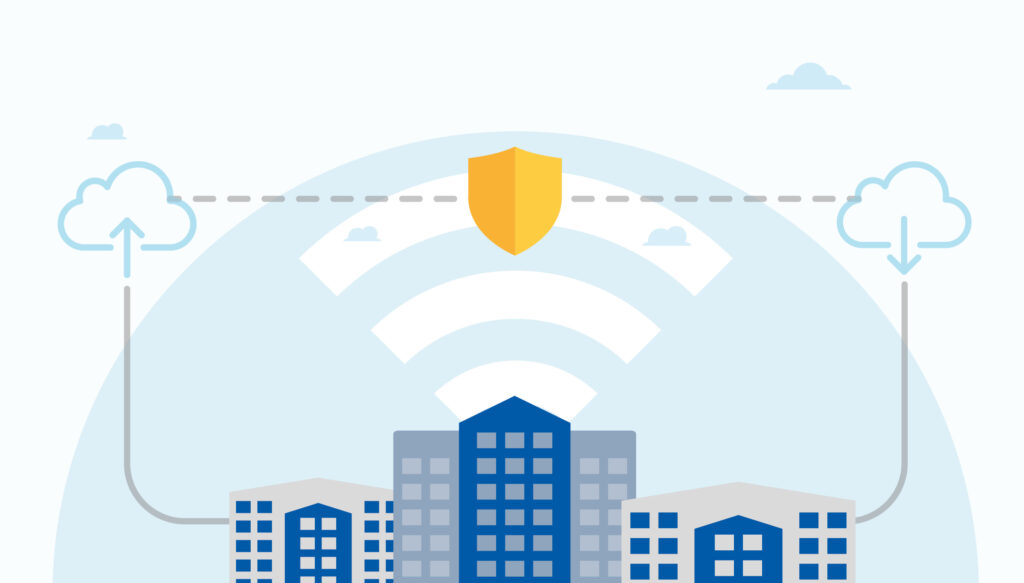 Graphic of a building,the WIFI logo, and clouds representing cloud technology