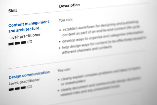 A snapshot of the new content design role in the Capability Framework. In view are the skills: Content management and architecture and Design communication with their relevant skill descriptions. The descriptions are slightly blurred compared to the skill names.