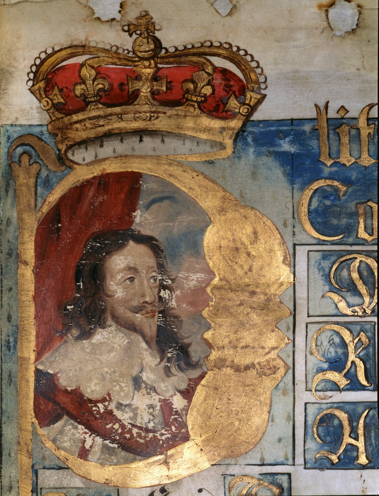 Illuminated Portrait of King Charles I from the initial membrane of the Coram Regis Rolls for 1643 (The National Archives, KB 27/1681/2).