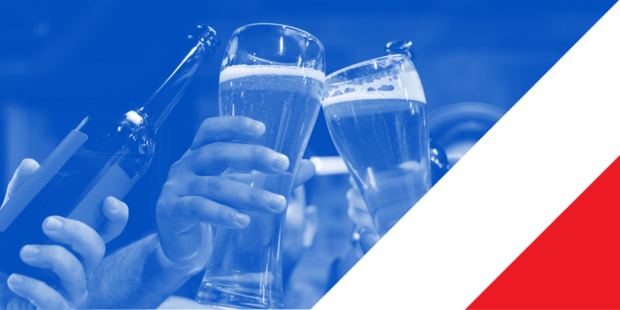 Two glasses of beer and a beer bottle, being clinked together in celebration – “Cheers!”