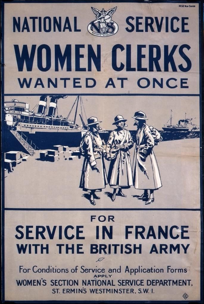 The main headings of this poster read: 'National Service: Women Clerks wanted at once for service in France with the British Army'. In an illustration, three women are depicted, in uniform, conversing, on a quayside, with a ship in the background which appears to have just docked.