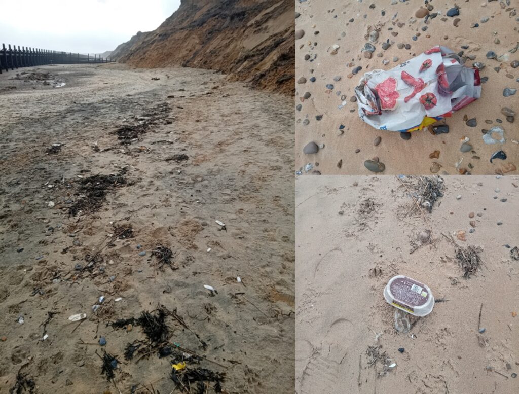 Hopton beach showing coloured plastic waste along the strandline, alongside examples of larger plastic waste washed up on the beach.
