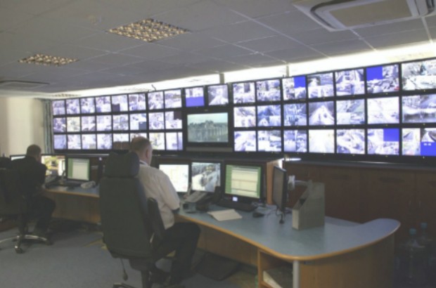 CCTV Control Room with a wall of CCTV monitors