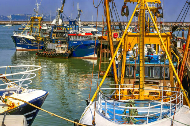 Brixham, United Kingdom - May 2, 2012: Fishing boats in the commercial harbor at Brixham UK